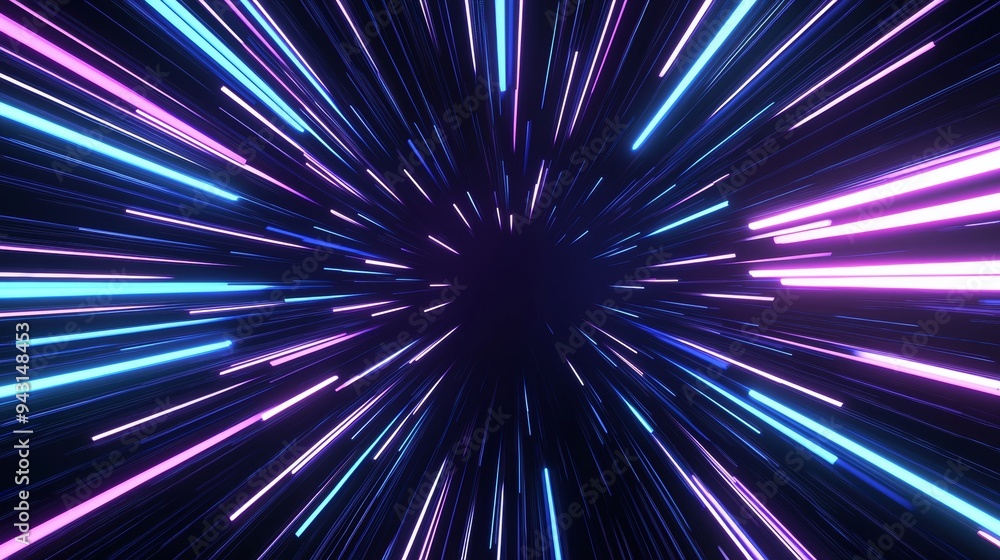 Poster the 3d rendering depicts a hyperspace blue purple light line traveling through a dark background, ab