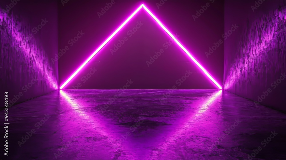Poster An art rendering of a neon-lit square gate portal over a city building with a floating cube and shooting lights scene, a futuristic technology background.