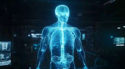 1. **Create a futuristic scene featuring a hologram of a human body, with detailed anatomical structures illuminated in a vibrant blue glow. The hologram should be displayed against a dark background