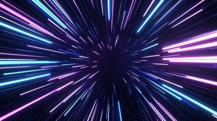 Fototapeta premium The 3D rendering depicts a hyperspace blue purple light line traveling through a dark background, abstract fast highways and hyperspace highway patches.