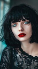Fototapeta premium Striking Portrait of a Captivating European Woman with Alluring Blue Eyes and Bold Red Lips