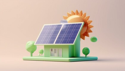 A modern house with solar panels and a sun in the background, symbolizing renewable energy and sustainability.