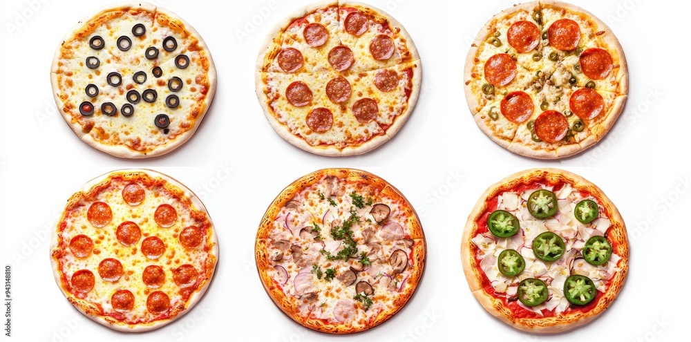 Poster this top view collection of pizza with various tasty toppings is isolated on a white background. pop