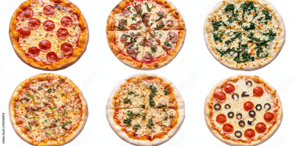 Poster pizza flat view set with different flavors isolated on white background with fast food dishes and ch