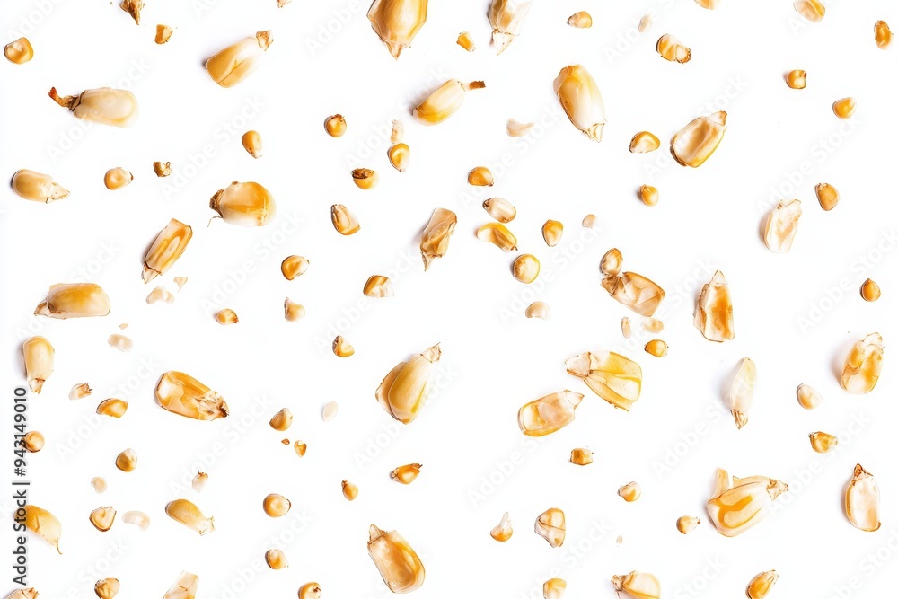Poster isolated yellow corn seeds falling on a white background. organic grains flutter in the wind.