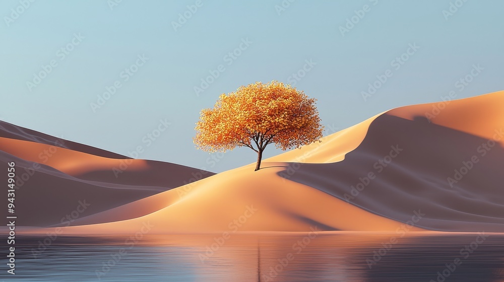 Poster stunning 3d render of a surreal landscape with a single golden tree growing on land and a lake. this