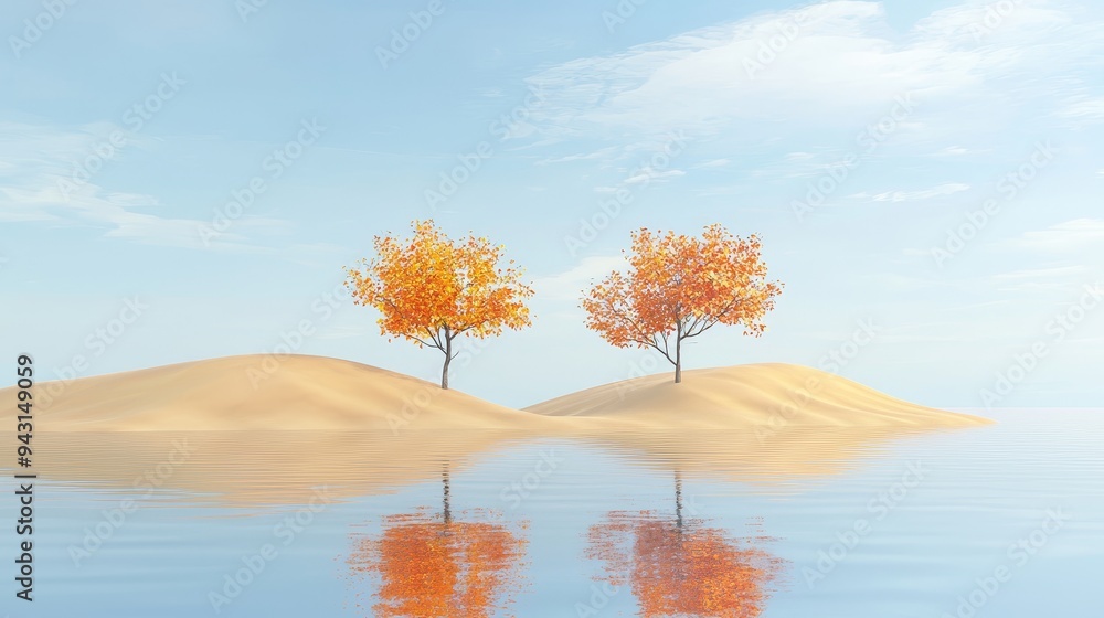 Wall mural An abstract pastel landscape of golden leaves and a golden tree on a pastel dune, beautifully dreamlike and surreal.