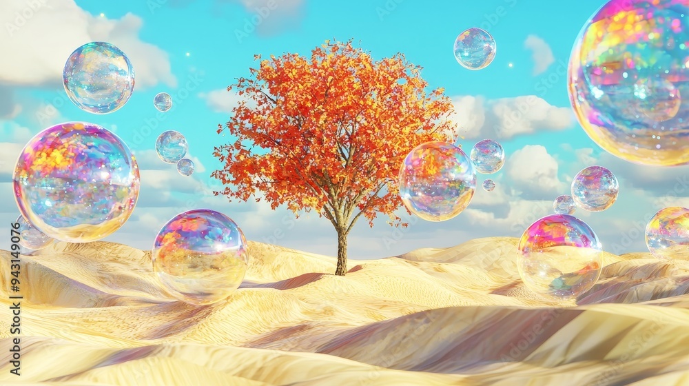 Poster Golden tree and grass on pastel dune desert background with blue sky and metallic ball reflection in 3D render.