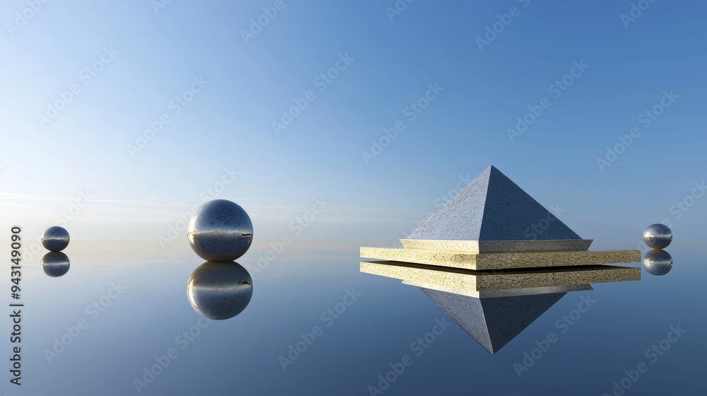 Poster this 3d rendering shows an empty pastel yellow podium on a dune with a glass ball reflection of a la