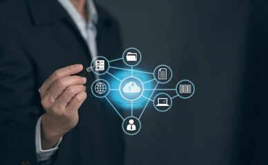 Businessman hand with cloud computing diagram show on virtual screen, Internet connection metaverse. Application technology and digital marketing.