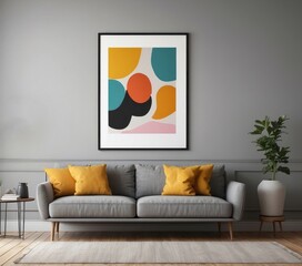 Grey Sofa with Yellow Pillows in Modern Living Room with Abstract Art