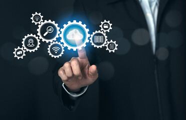 Businessman hand with cloud computing diagram show on virtual screen, Internet connection metaverse. Application technology and digital marketing.