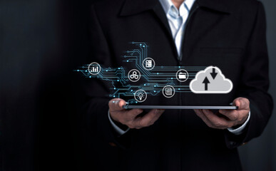 Businessman hand with cloud computing diagram show on virtual screen, Internet connection metaverse. Application technology and digital marketing.