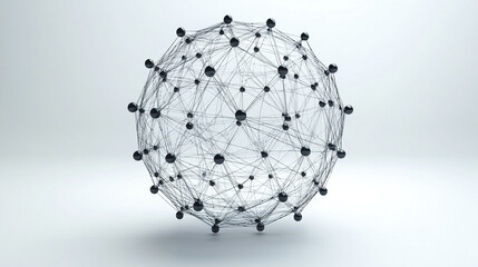 Abstract 3D illustration of a spherical network made of interconnected lines and nodes, representing connectivity and technology.
