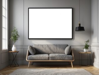 Modern Living Room with a Gray Sofa, a Blank Canvas and a Black Pendant Light