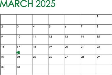 March 2025 month calendar. Simple design in green and black colors and a clover leaf marking Saint Patrick's Day on March 17th