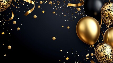 Obraz premium 2025 New Year elegant card design featuring gold and black with golden balloons, confetti, and ribbons. Ideal for holiday greetings, invitations, and Christmas celebrations generative ai