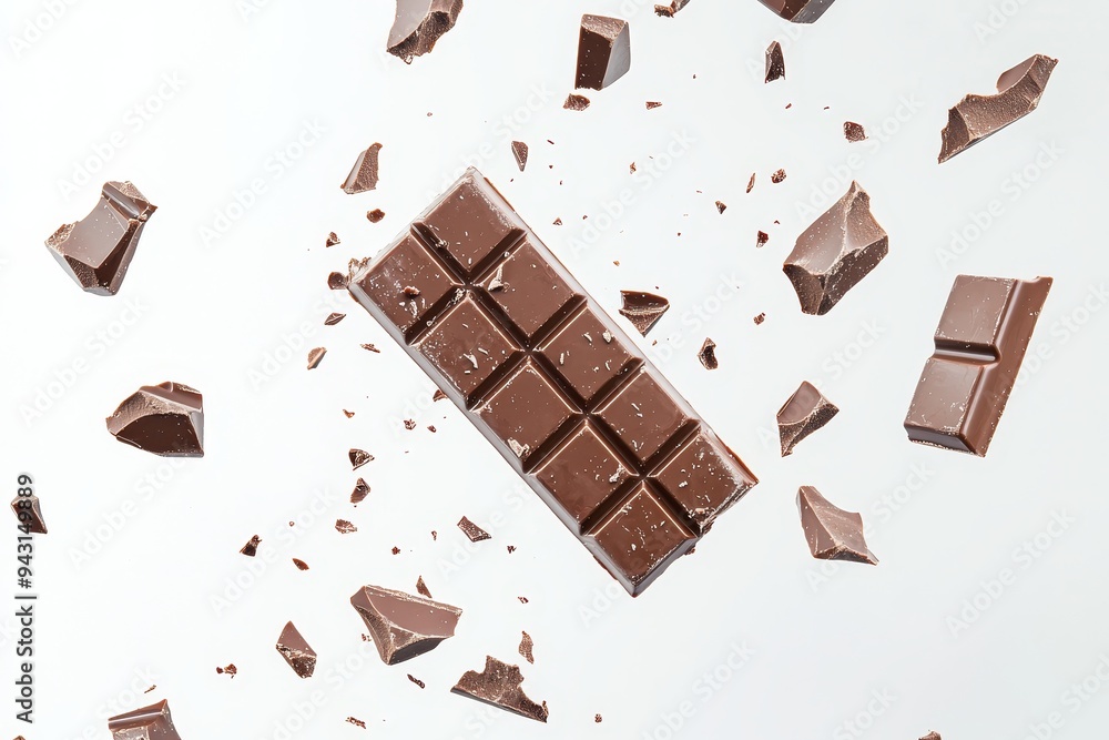 Poster flying dark brown crumbs from chocolate bar floating on background.