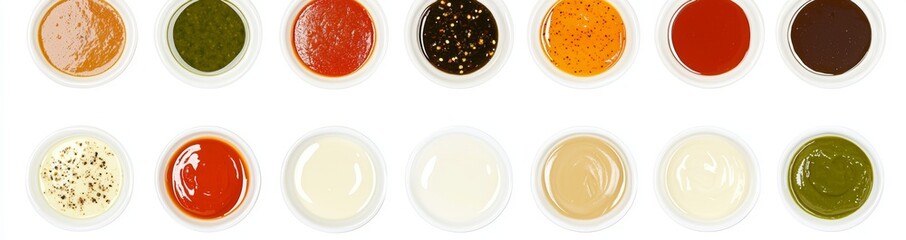 Various flavors of sauces in white bowls isolated on a white background, flat lay of delicious dipping sauces.