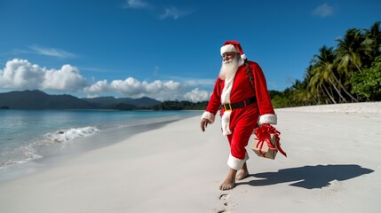 A man in a Santa suit is walking on a beach carrying a box. The beach is empty and the sky is clear