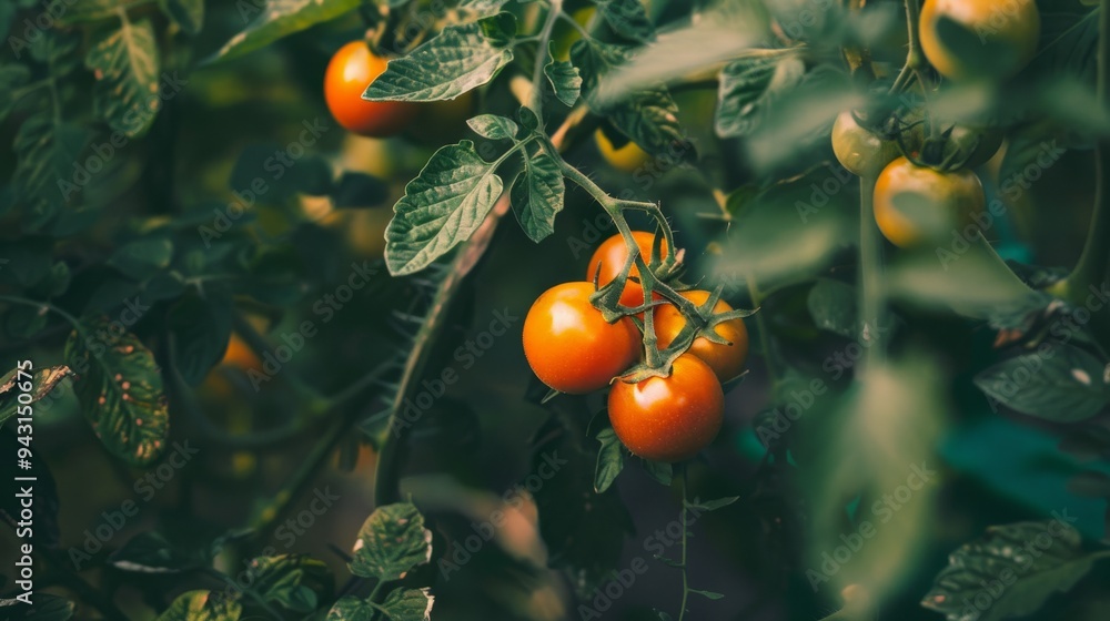 Canvas Prints A cluster of ripening tomatoes on the vine, surrounded by lush green leaves, captures the essence of organic gardening.