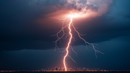 Thunderstorm with lightning striking a distant city skyline, extreme weather, electrifying atmosphere