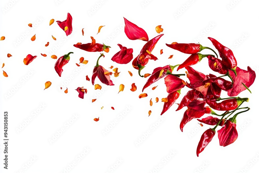Poster a cut-up image of a flying red hot chili with sliced slices isolated on a background, surrounded by 