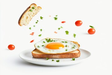 Angus beef mince meal with fried egg on white plate with falling ingredients in the air the crumbs, peppers, and tomato are isolated on a white background.