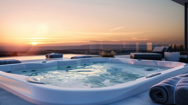 Outdoor jacuzzi on a luxurious terrace overlooking a serene sunset, promising tranquility and relaxation.