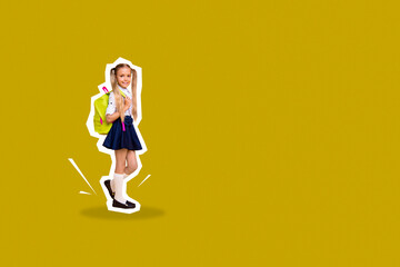 Composite photo collage of happy blonde schoolgirl walk study carry backpack education concept isolated on painted background