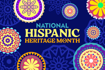 Celebrating National Hispanic Heritage Month: Vibrant vector illustration with traditional Latin American patterns and bold typography for cultural events and festivities. 