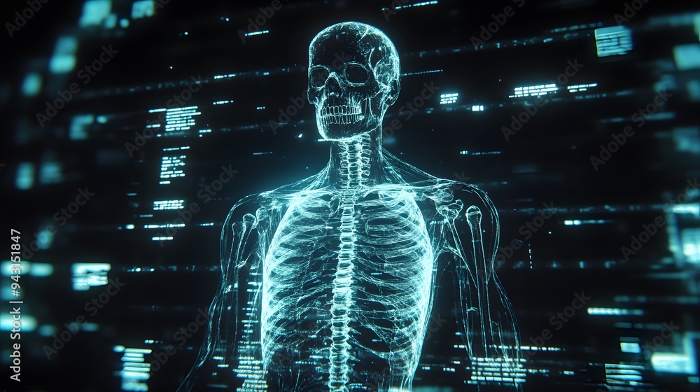 Poster 6. **illustrate a hologram of a human body with a focus on skeletal structure, displaying the bones 