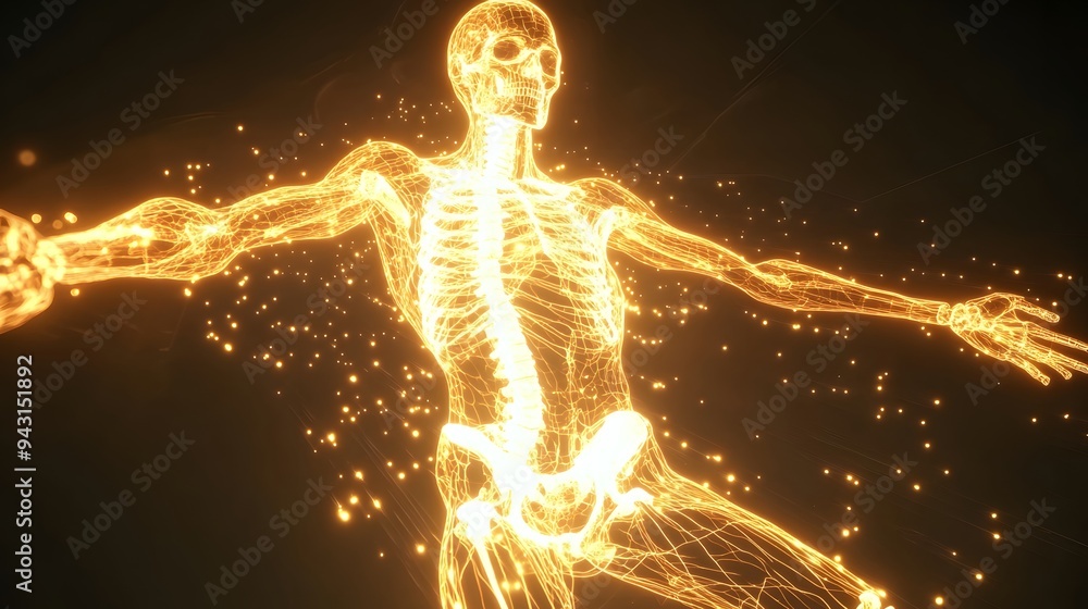 Poster 6. **illustrate a hologram of a human body with a focus on skeletal structure, displaying the bones 