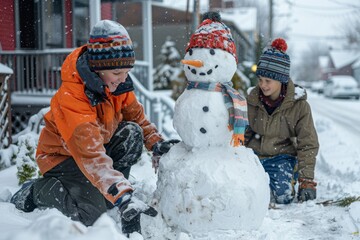 Children building a snowman in winter outside their home while snow falls gently on a quiet neighborhood street