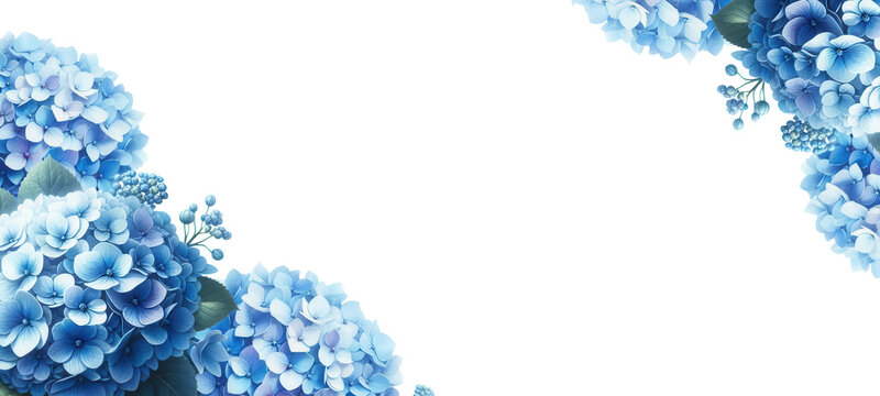 Blue hydrangea borders on a white background with copy space for adding text - Aesthetic blank floral banner - Wedding card with hydrangea flower borders - Printable card template