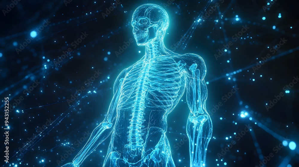 Poster 6. **illustrate a hologram of a human body with a focus on skeletal structure, displaying the bones 