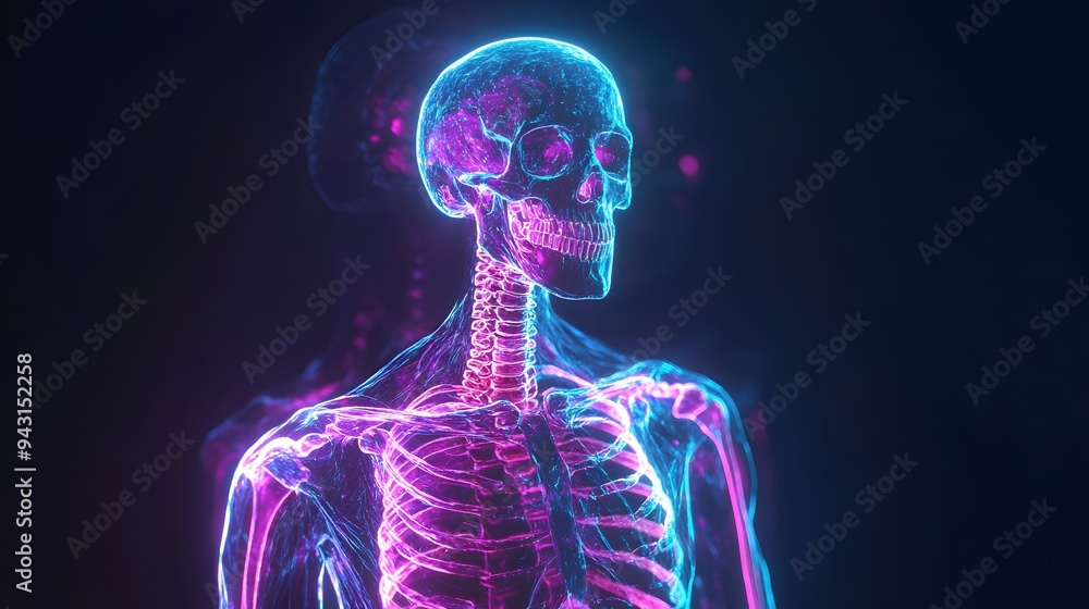 Poster 6. **illustrate a hologram of a human body with a focus on skeletal structure, displaying the bones 