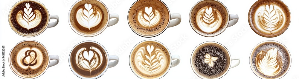 Poster various foam designs of latte art isolated on white background - top view of latte or cappuccino cof