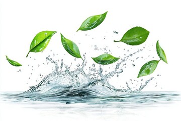Isolated on a white background are water droplets with green leaves for refreshing. There are splashes of liquid wave and bubbles as well.