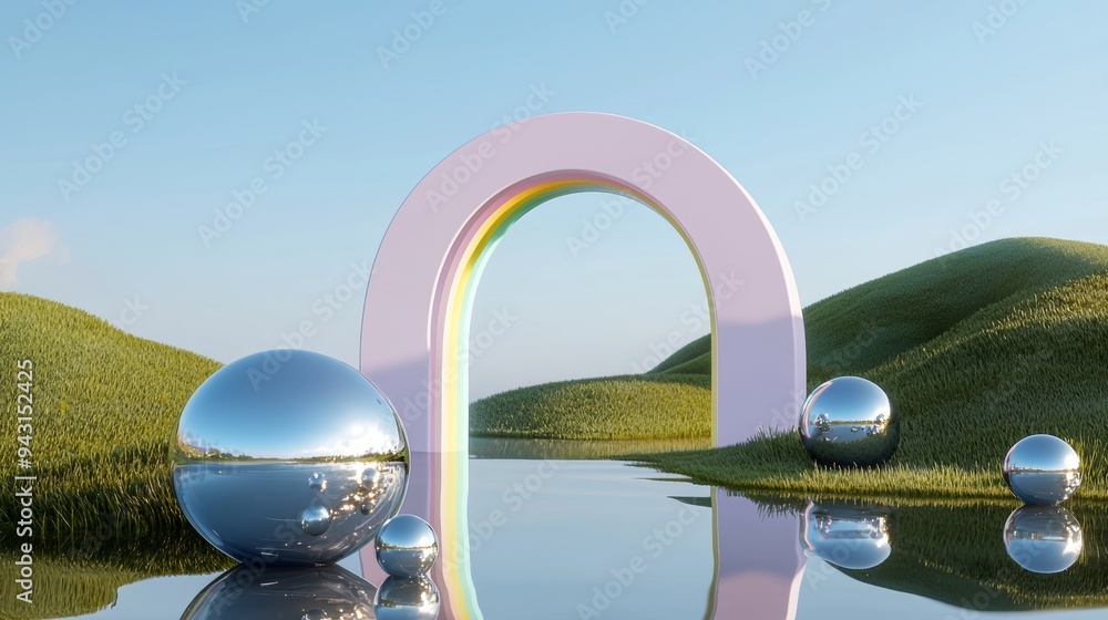 Poster a 3d render of a surreal landscape with pastel grass on a dune reflected in a glass arch against a b
