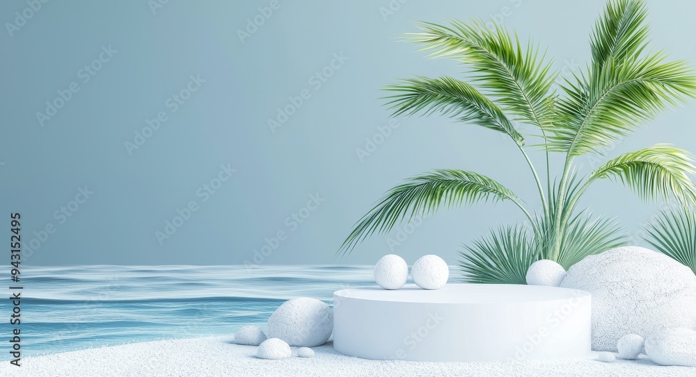 Aufkleber purple summer concept with an empty podium for displaying products decorated with summer beach balls