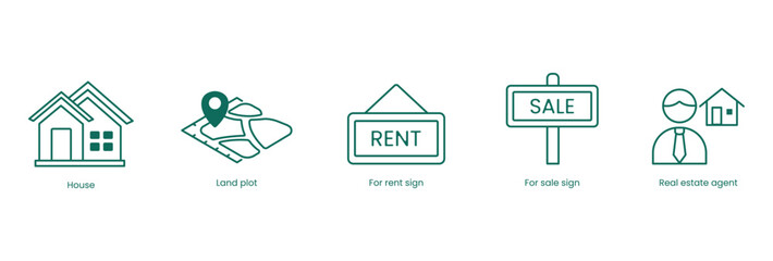 Real Estate Vector Icon Set: House, Land Plot, For Rent Sign, For Sale Sign, Real Estate Agent