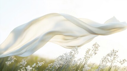 White silk cloth fluttering on outdoor sunny grass