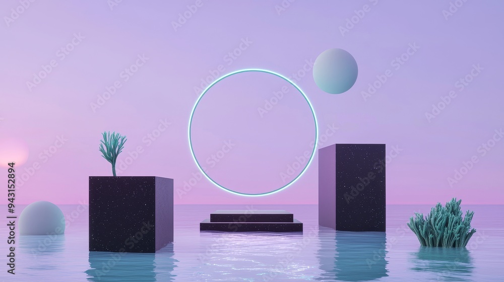 Poster in 3d rendering, a surreal landscape podium is shown on a sand dune over an aurora sky background. a