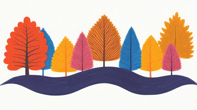 Brightly colored trees in autumn hues are depicted in a row, standing on abstract, wavy blue lines, creating a vibrant and whimsical illustration against a plain background.