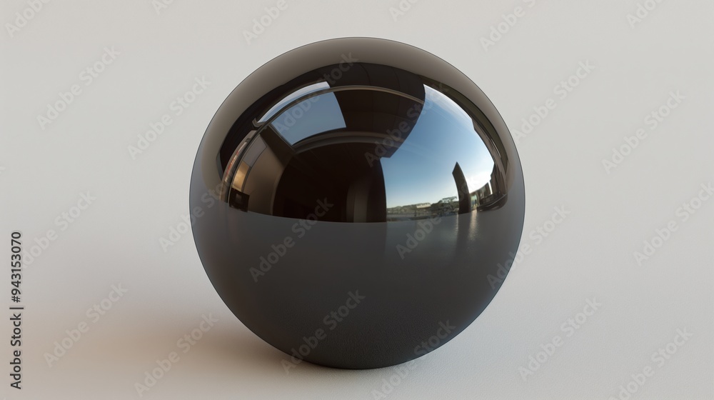 Poster a shiny black object with a reflective surface. the object is round and he is made of metal