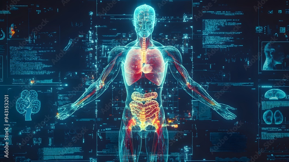 Aufkleber 7. **design a holographic representation of a human body with segmented layers showing various anato