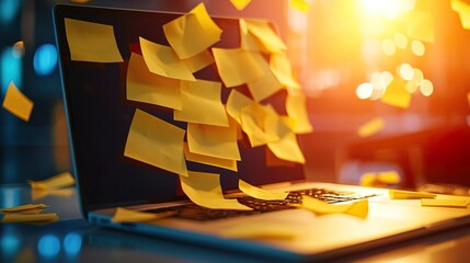 Laptop screen covered by group of yellow adhesive notes