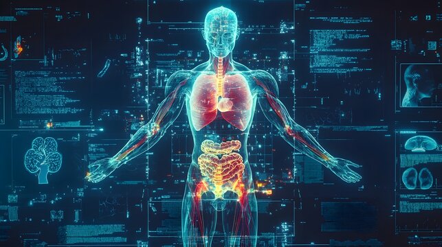7. **Design a holographic representation of a human body with segmented layers showing various anatomical systems, such as the circulatory, respiratory, and nervous systems. The image should use