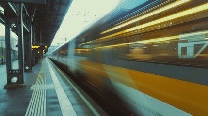 Fototapeta premium A sleek yellow train rushes through a contemporary station, captured in motion, highlighting speed and agility against an urban backdrop.